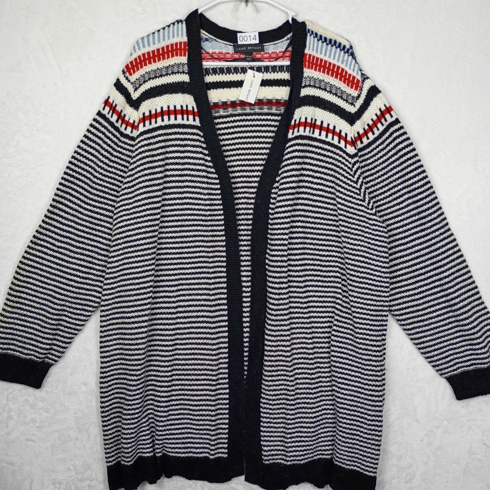 Lane Bryant Womens 26/28 Striped Open Front Cardigan Black White Fair Isle NEW‎